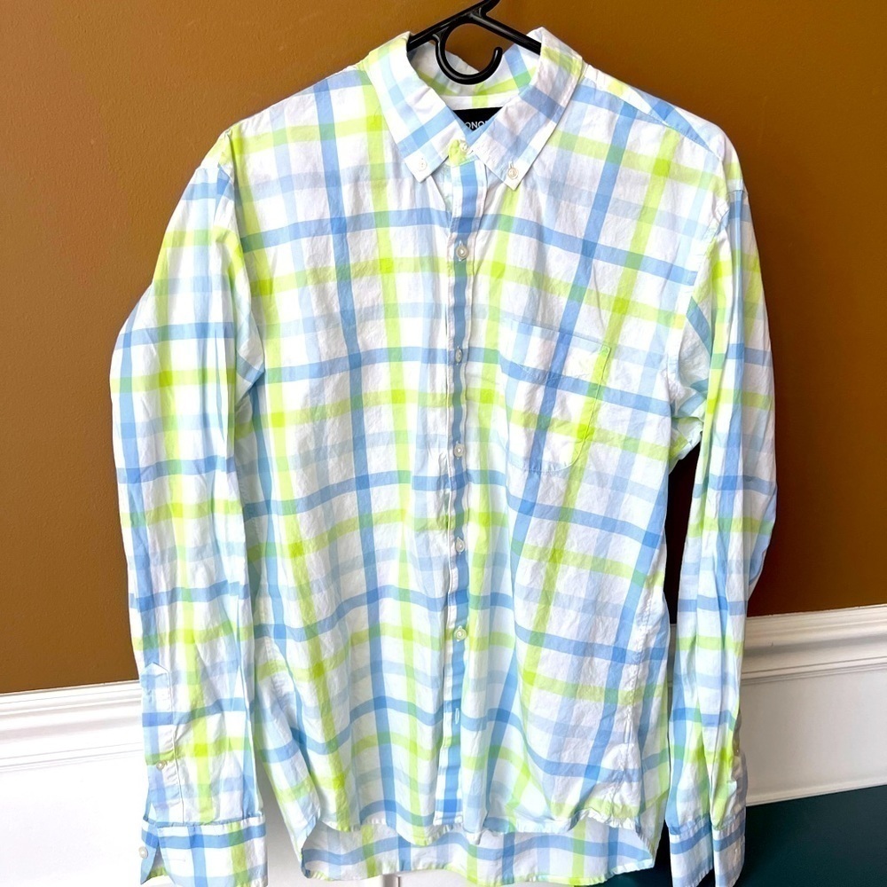 Bonobos Blue and Green Plaid Collared Button Down Shirt Size Large Slim Fit